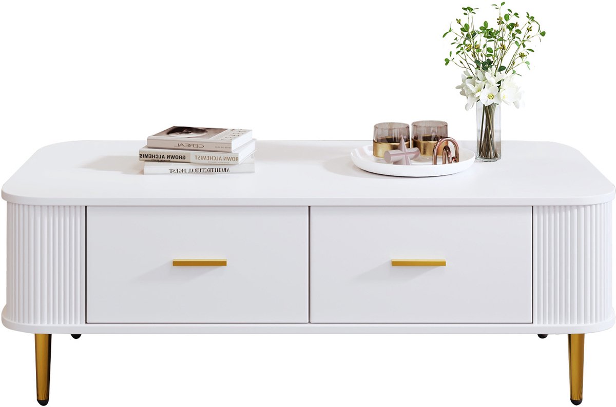 MODFU Salontafel wit MDF met afgeronde hoeken en golvende zijden, 4 lades, gouden grepen en poten