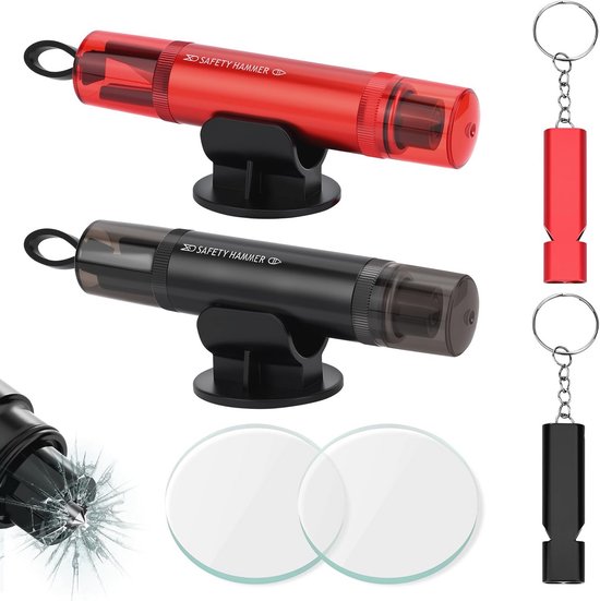 2 stuks auto-noodhamer, 2-in-1 gordelsnijder, noodhamer, veiligheidshamer auto voor autoruiten, glasbreker, essentials, met testglas voor auto, bus ( zwart rood