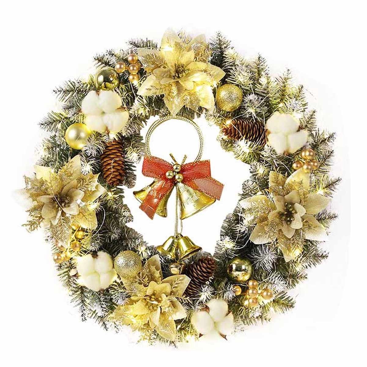 Kraftverdia - Kerstkransen met Decoraties & LED verlichting(40cm) -Goud-Met 30 Led Lampjes-deurkransen kerstversiering - Kerstdecoratie - Kerst accessoire - Kerstmis