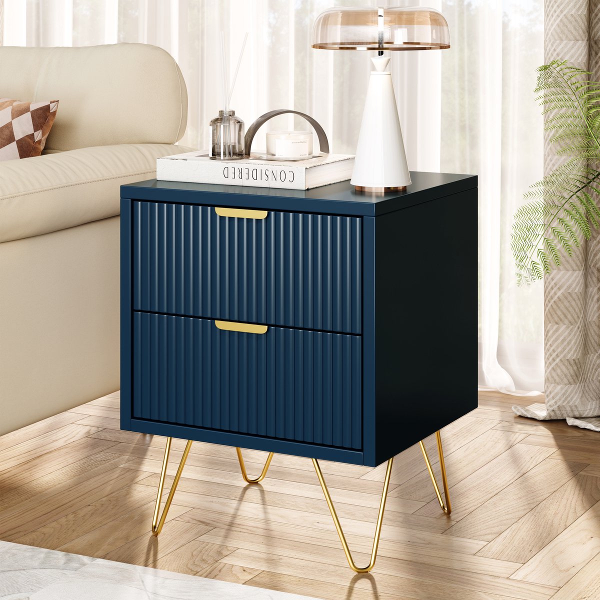 ROSAHQNDA Marineblauwe ladekast met 2 lades, ladekast, bijzettafel voor woonkamer, hal of gang, slaapkamerkast, archiefkast, 40 L x 35,5 B x 50 H cm