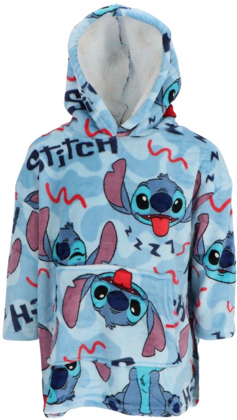 Lichtblauwe oversized hoodie met een all-over print van Stitch, met rode lijnen en Stitch-tekst.