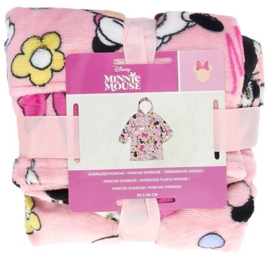 Roze Disney Minnie Mouse hoodie deken met strik, bloemen en stippen patroon.