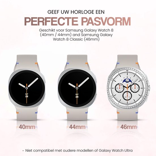Drie smartwatches met witte bandjes in verschillende maten: 40mm, 44mm en 46mm. "GEEF UW HORLOGE EEN PERFECTE PASVORM"