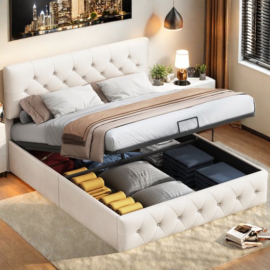 Beige Fluwelen Tweepersoonsbed 140x200 cm met Hydraulische - SHOPENTRA - €244,80