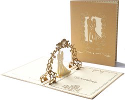 3D Pop-Up Trouwkaart - Wordt geleverd met een hoogwaardige envelop - Geschikt voor huwelijksjubilea, huwelijkscadeaus, verjaardagen en huwelijksuitnodigingen (Goud)