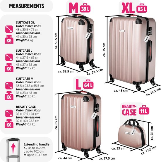 tectake 4-piece travel suitcase set - Suitcase set with removable 360° wheels - Robust cases with TSA combination lock - Suitcase large and stackable - Trolley hand luggage - Black
