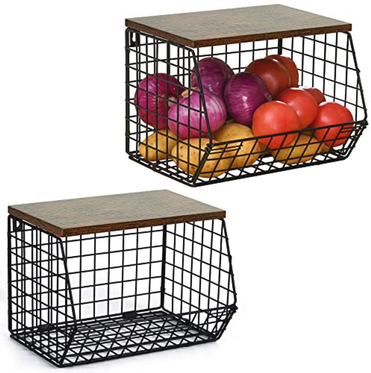 Fruitmanden - Draadmanden met Houten Bovenblad voor Wandmontage en Stapelbare Keukenorganisatie