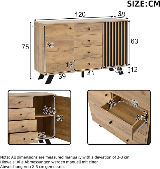 Sweiko Dressoir - Dubbele deuren - 4 lades - Massief houten poten ...