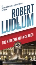 Boekomslag van 'The Rhinemann Exchange' door Robert Ludlum, met een pistool in de titel en een nazisymbool boven een fontein.