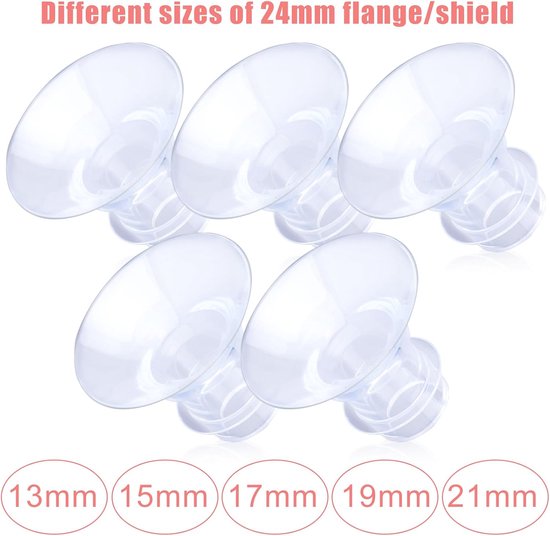 Vijf doorzichtige tepelhoedjes van verschillende maten: 13mm, 15mm, 17mm, 19mm en 21mm.
