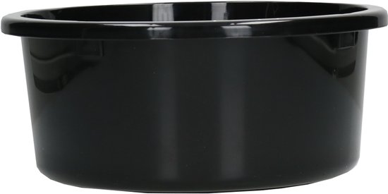 Zwarte, ronde voerbak van 5 liter met brede rand, van voren gefotografeerd.