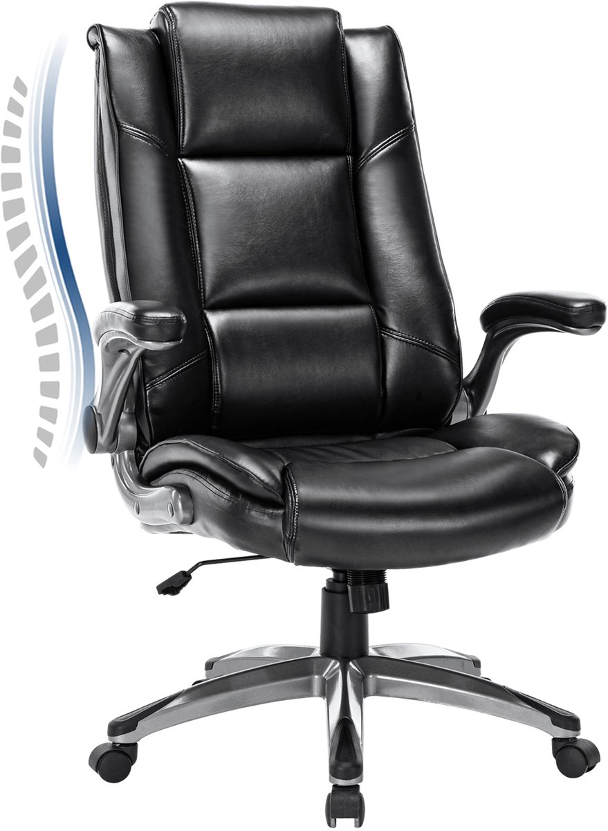 COLAMY Lederen bureaustoel voor leidinggevenden - Bureaustoel voor thuis met hoge rugleuning, gewatteerde opklapbare armleuningen, verstelbare kantelvergrendeling, draaibare ergonomische stoel op wieltjes voor volwassenen, zwart - COLAMY - €99,99