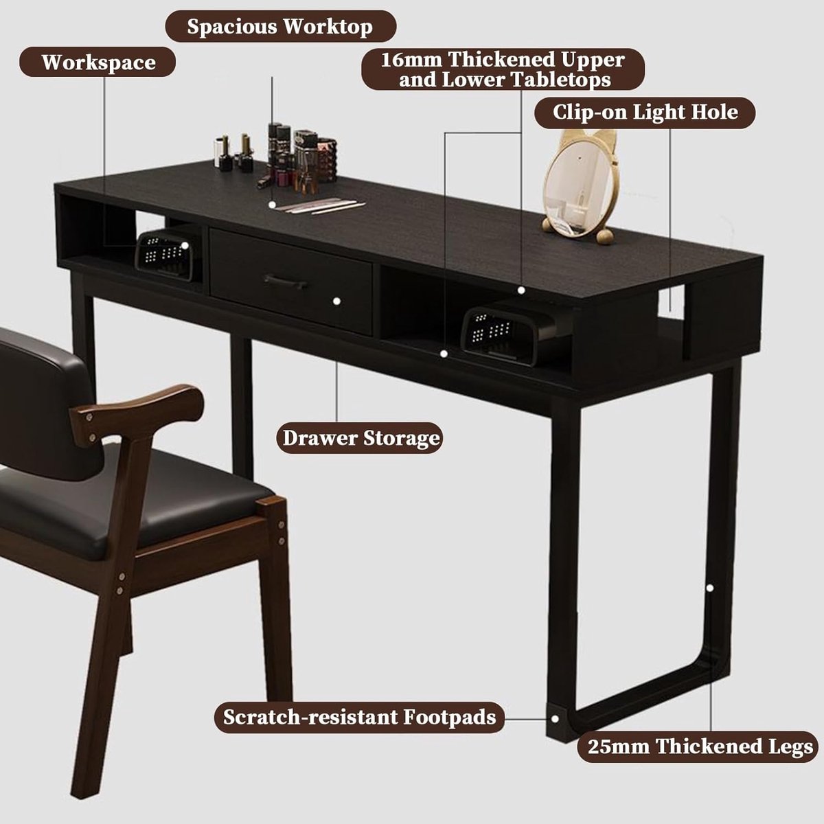 Professionele Manicuretafel "Glamour Station" - 120 x 50 x 75 cm, Zwart, met Opberglades & Stalen Frame | Novihome