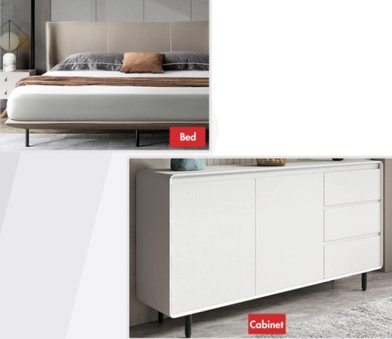 Een moderne slaapkamer met een bed op zwarte poten en een woonkamer met een witte kast op zwarte poten.