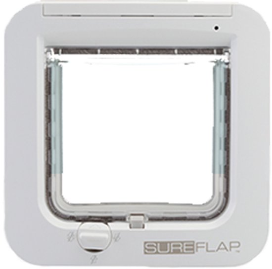 Wit microchip kattenluik van SureFlap met transparante klep, recht van voren gefotografeerd.