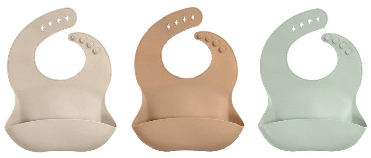 Image of 3 Stuks - Siliconen Slabbetjes met Opvangbak - Mintgroen - Bruin - Zand