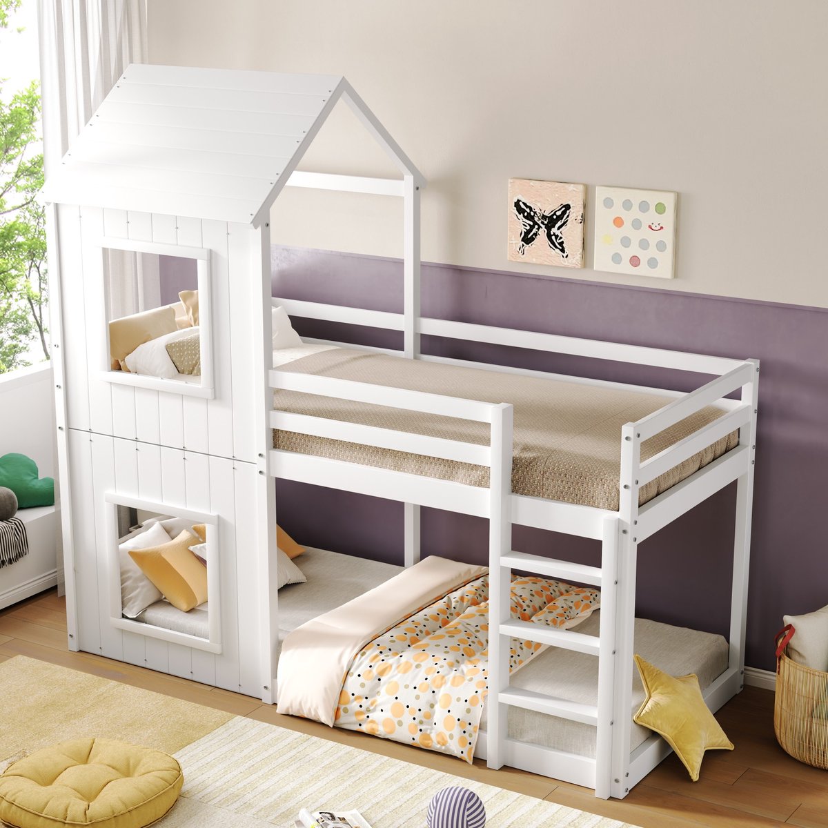 SONNENH Stapelbed 90x200cm - Kinderbed - Massief Grenenhout en MDF - 53,5 kg - Veiligheidsrail - Boomhutontwerp - Eenvoudig te monteren - Huisbed voor Meisjes en Jongens - Met Ladder en Hemel - Van Vloer tot Plafond - Milieuvriendelijke Verf wit