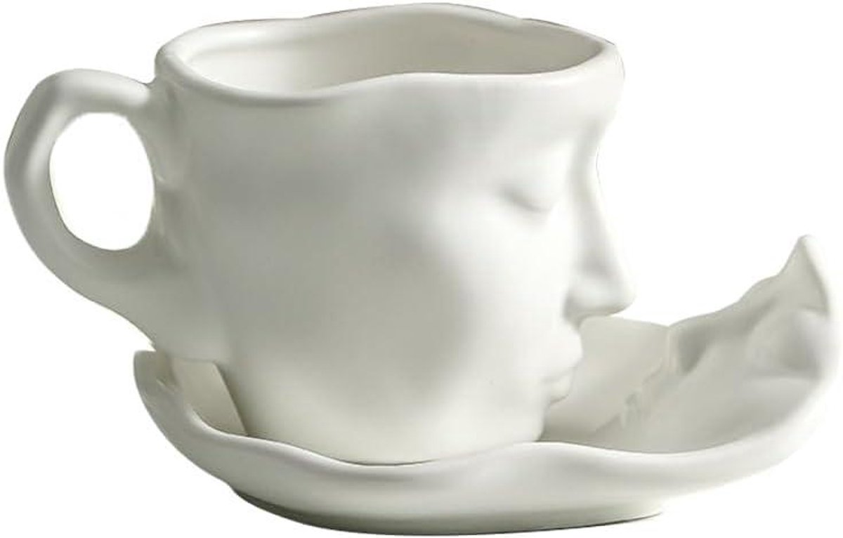 Provento - Keramische set theekop en schotel met menselijk gezicht, kussend paar, koffiemok - creatief cadeau voor vrienden en familie - 260ml - wit.
