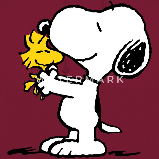 Detailopname van de opdruk: Snoopy die Woodstock vasthoudt op een wijnrode achtergrond.