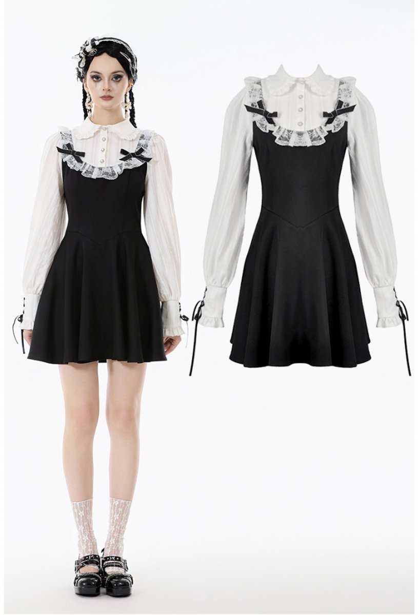 Dark in Love - Dolly Lolita Style Faux TwoPiece Ribbon Korte jurk - XL - Zwart/Wit