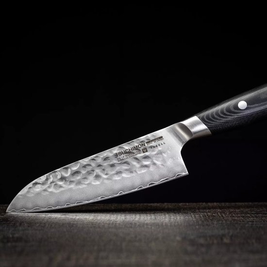 Yaxell Japonais - Série Tsuchimon - Couteau de Chef Santoku - Acier VG10 - 61 HRC - Lame 12,5 cm - 3 Couches d'Acier Damas - Manche Toile-Micarta