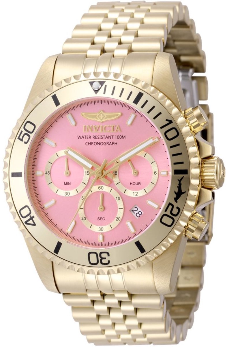 Invicta Pro Diver 49836 Heren Horloge - Waterdicht - Analoog - Quartz Uurwerk - Roestvrij Staal met roze Wijzerplaat - 43mm