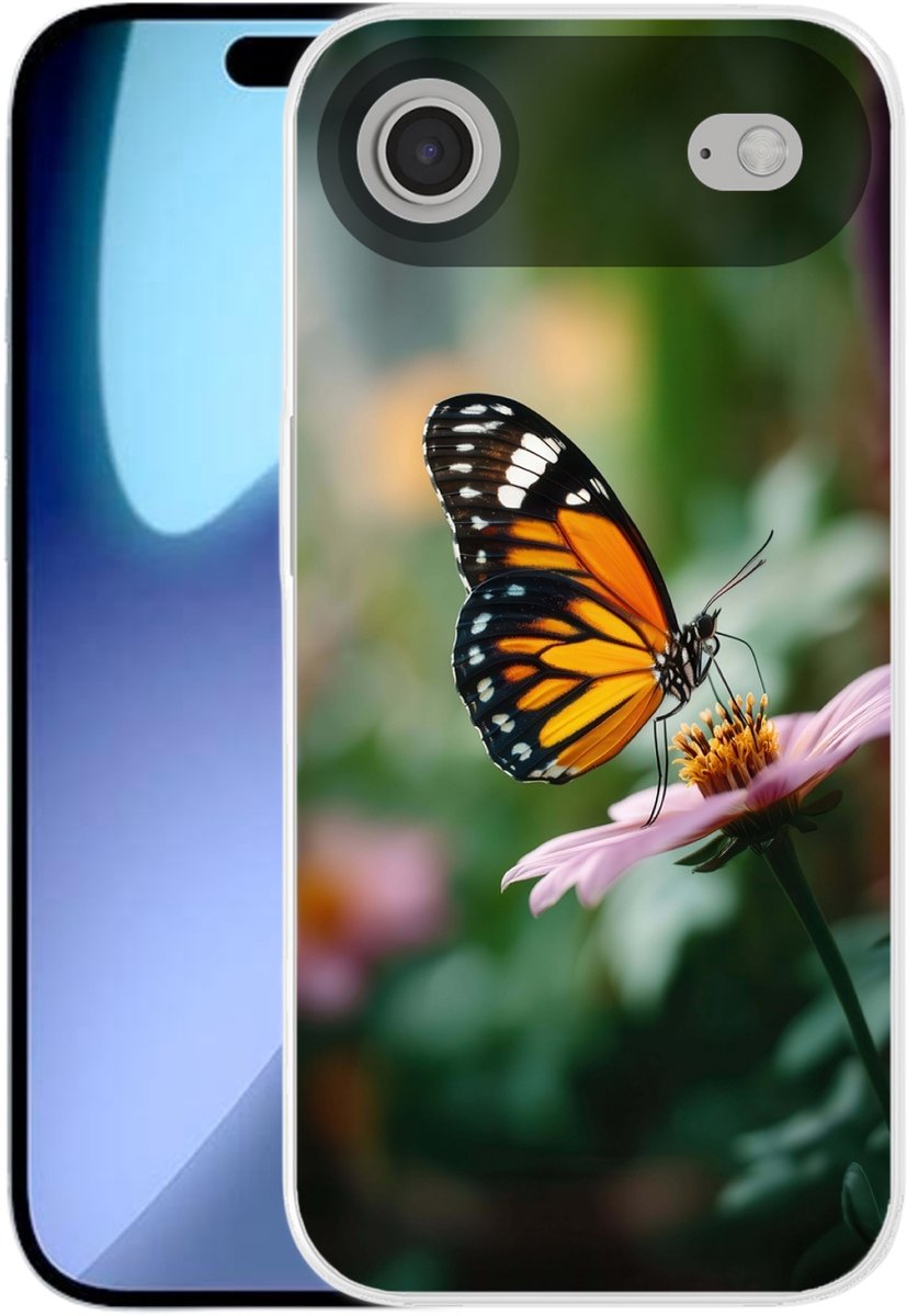 Telefoonhoesje Geschikt voor iPhone Air hoesje - Roze bloemen - Vlinder - Zachte focus - Siliconen Telefoonhoesje Telefoonhoesje