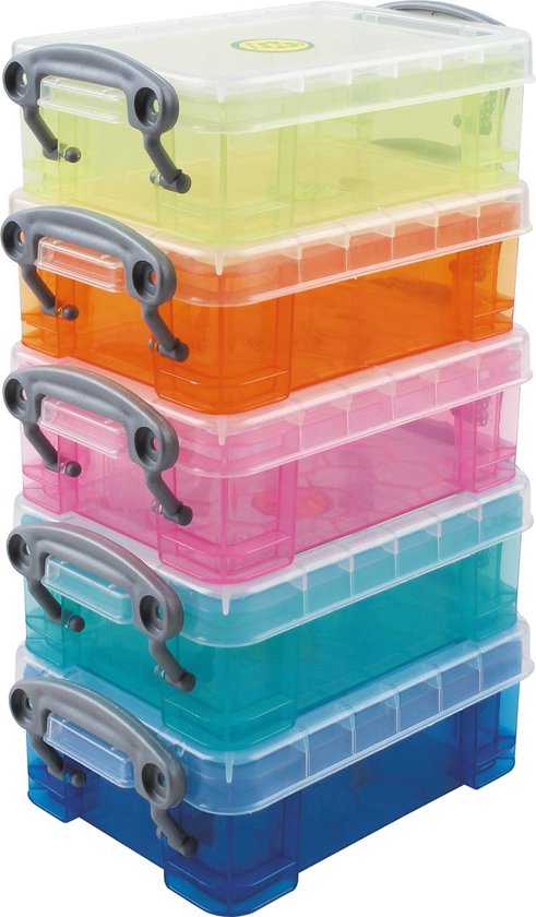 Stapel van 5 doorzichtige opbergdozen, van boven naar beneden: geel, oranje, roze, turquoise en blauw, met grijze handvatten en clips.