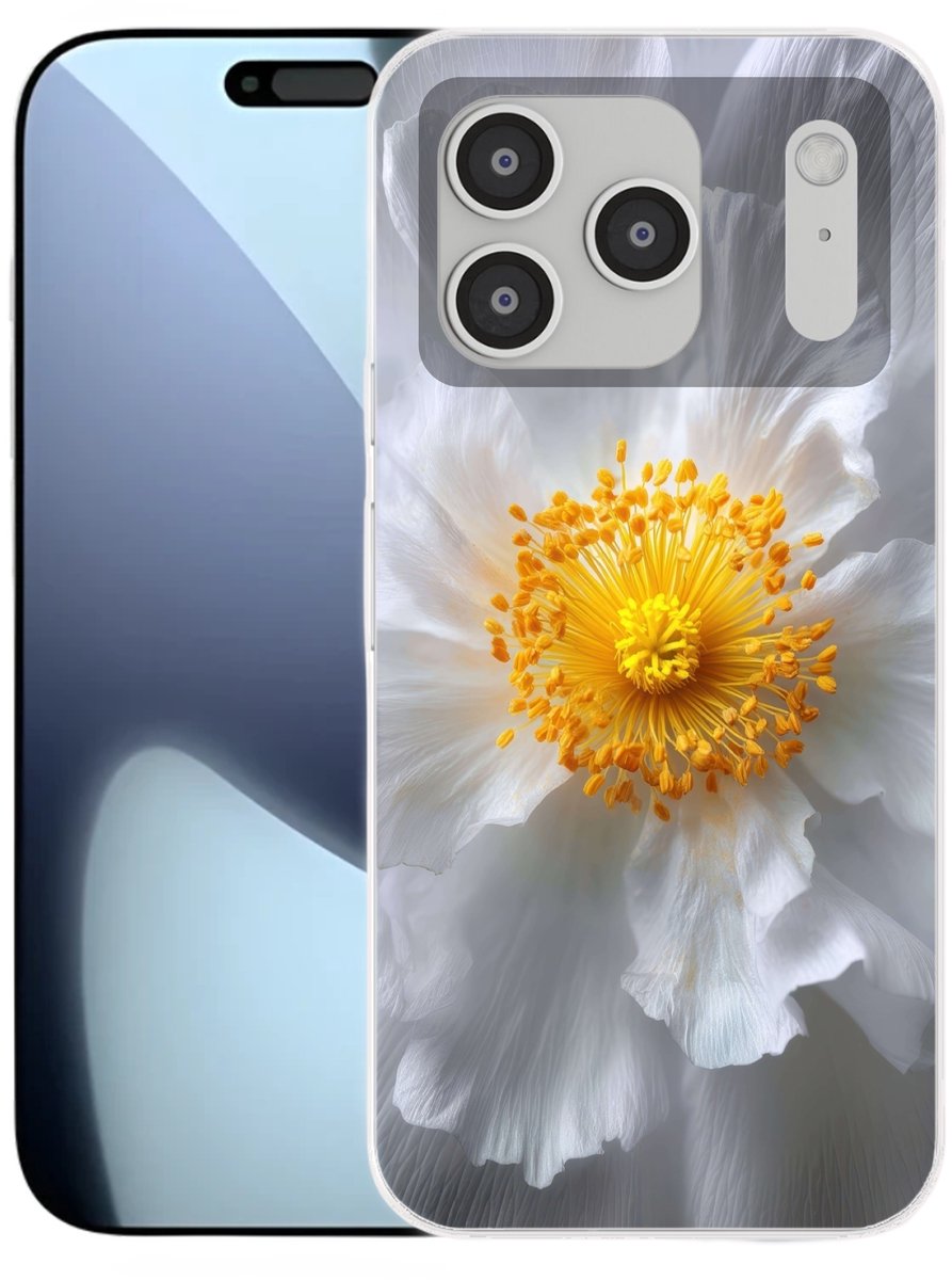Telefoonhoesje Geschikt voor iPhone 17 Pro hoesje - Wit - Bloem - Elegant - Siliconen Telefoonhoesje Telefoonhoesje