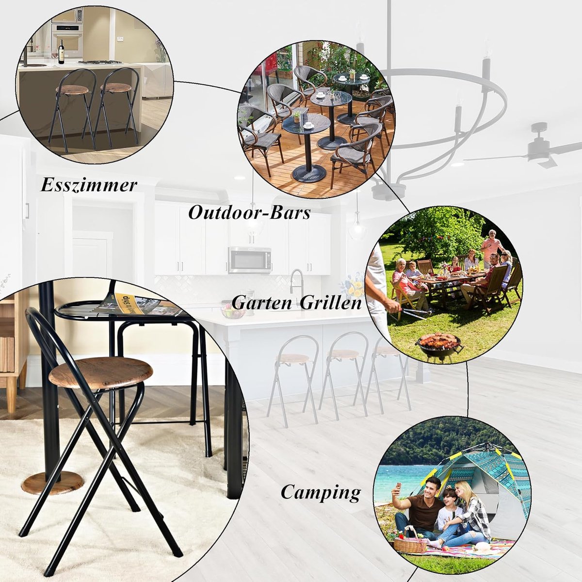 Klapstoel set van 4 inklapbare barkrukken 41x36,5x78 cm – Opvouwbare krukken met rugleuning, draagbaar, stevig metalen frame en houten zitting, voor binnen & buiten, camping, balkon, horeca – Altameubel
