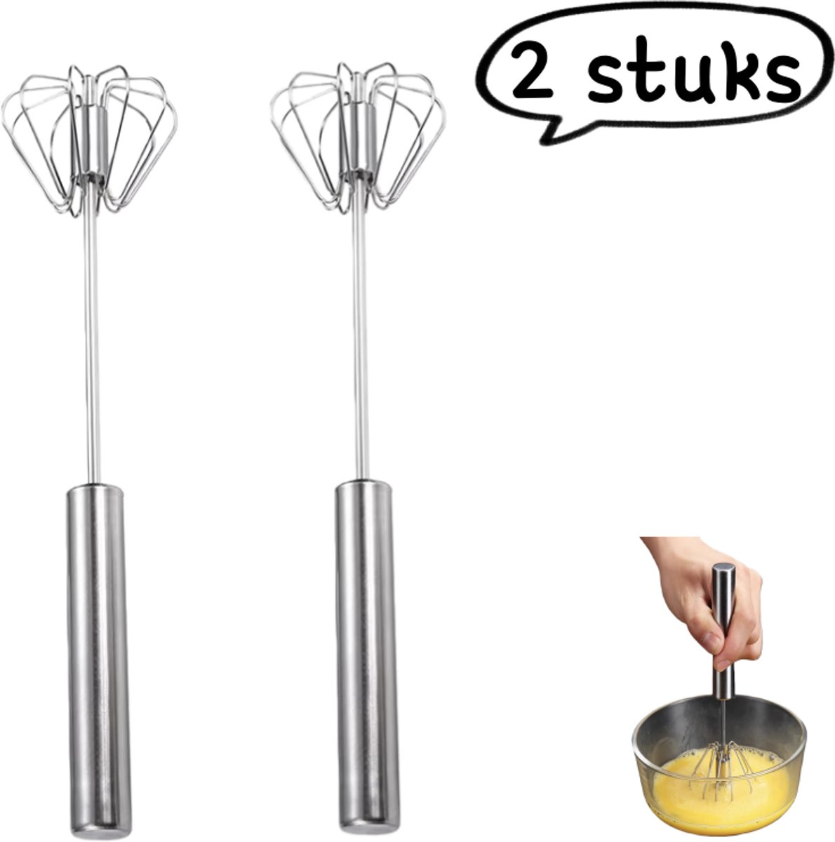 2-delige eierklopper - RVS handmatige/semi-automatische huishoudelijke eier- en roomkloppermixer bakgereedschap - klein - zilver