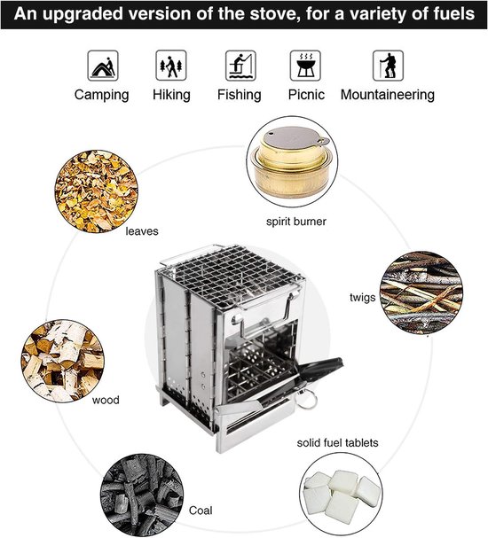 Houten brandende vouw-camping oven, RVS roosters, draagbare vouw-rugzak oven, wandelen, outdoor tent, kamperen, picknick, barbecue, van Merkloos — afbeelding 3