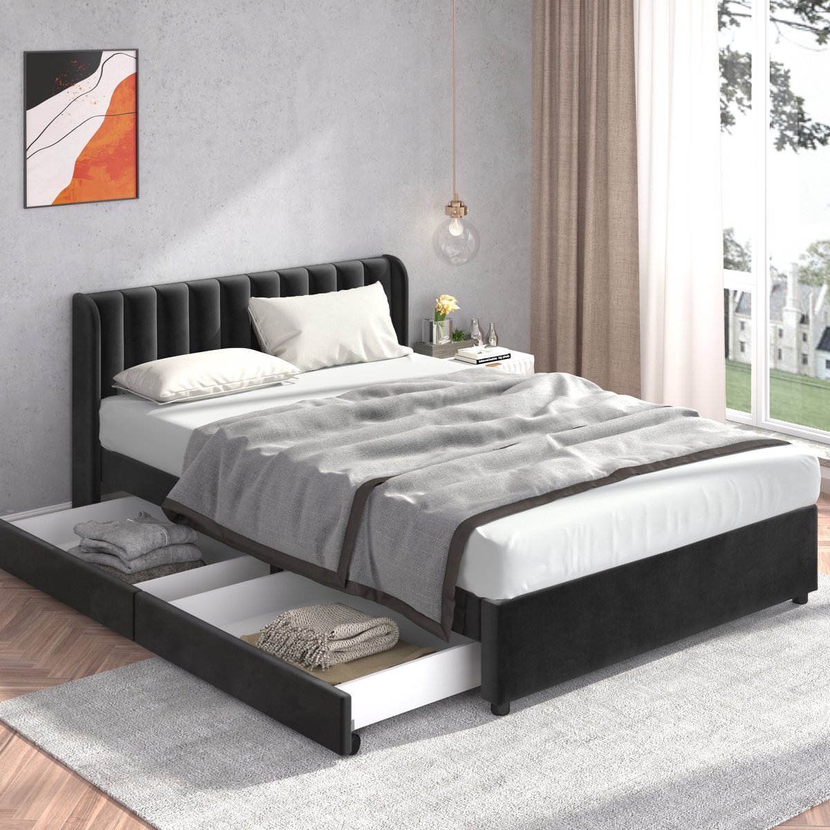 REDOM ledikant 160x200 cm – Fluweel zwart – Hoog hoofdbord, 2 lades – Lattenbodem – 300 kg
