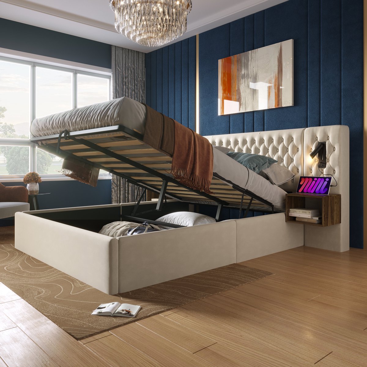 REDOM Polsterbed 160x200 cm – Velours beige – Met 2 nachtkastjes, leeslampen & USB/Type-C 