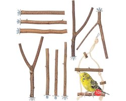 Natuurlijke houten zitstokken set voor vogelkooi met schommel en Y-vormige zitstokken