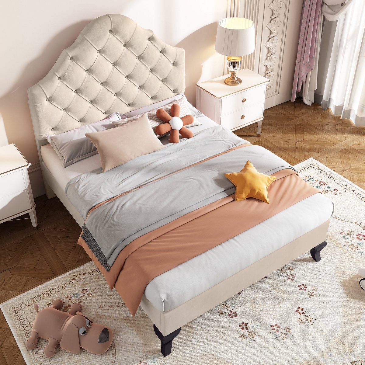REDOM Ledikant 90x200 cm – Velours beige – Met verstelbaar hoofdbord & lattenbodem – Klassiek