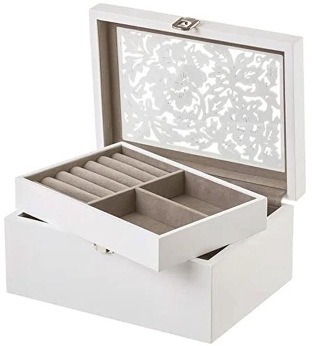 Sieradendoosje voor dames - Wit Houten 2 Laags met Gesneden Deksel - Shabby Chic Design
