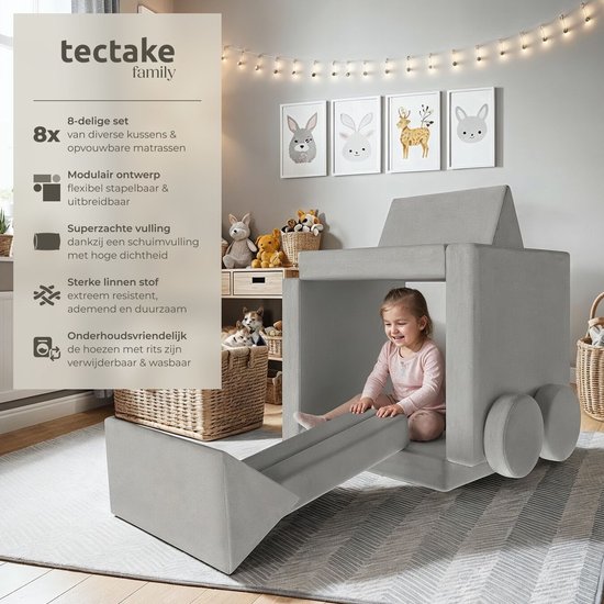 tectake® Banc de Jeu Lilly - Canapé Enfant, Meubles Modulaires pour Tout-Petits - Chaise Haute, Fauteuil Enfant, Canapé de Play , Siège Enfant, Banc - Jouets Montessori, Canapé Enfant, Canapé Lit - 120cm - gris