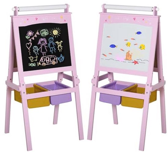 3-in-1 kinderezel kinderspeelbord van hout met papierrol, dubbelzijdig whiteboard en krijtbord, in hoogte verstelbaar, staand bord voor kinderen en peuters