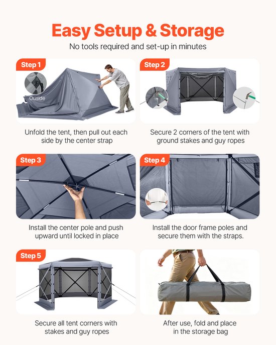 Pop-Up Gazebo Schermtent, 3.6 x 3.6 m 6-Zijdige Kampeer Canopy Met Verwijderbare Dak & Draagzak, Snelle Opbouw & Insectbestendig, Gedeckte Zonnescherm voor 8-10 Personen, Tuin Of Terras, Grijs van Merkloos — afbeelding 5