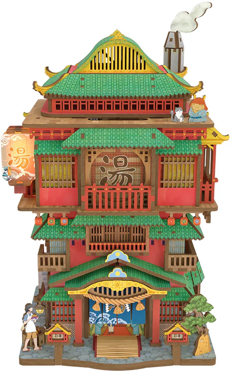Tonecheer Onsen Saga - Bouwpakket - Modelbouw - 15 x 14 x 24 cm - DIY Pakket - Houten 3D Puzzel - Modelbouwpakketten Volwassenen - LED-verlichting - Bewegingssensor - Pennenbak - Bureauprullenbak