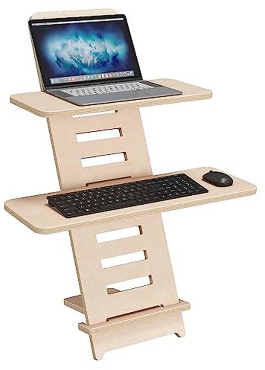 In hoogte verstelbaar staand bureau met houten standaard