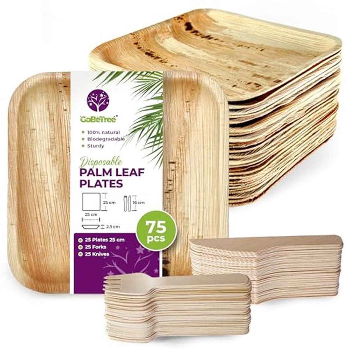Disposableset: 25 Vierkante Palmblad Schalen van 25 cm met 50 Houten Bestek