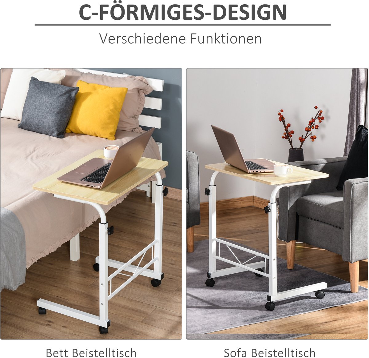 Wishdor C-vormige bijzettafel, hoogteverstelbaar 68–78 cm, mobiel met 4 wielen en remmen, Maple staal/spaanplaat Esdoorn