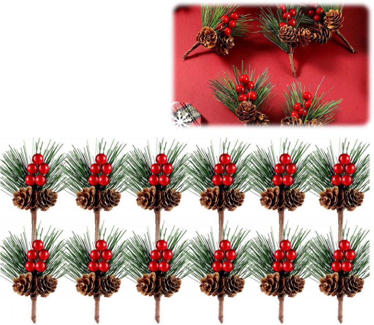12 stuks - Kerstversieringen - Dennenappels - Bloemisterijmaterialen - 5 rode bessen + 2 takjes dennenappels - Kunstbloemisterijmaterialen voor kerstarrangementen en doe-het-zelfprojecten - Diverse kleuren