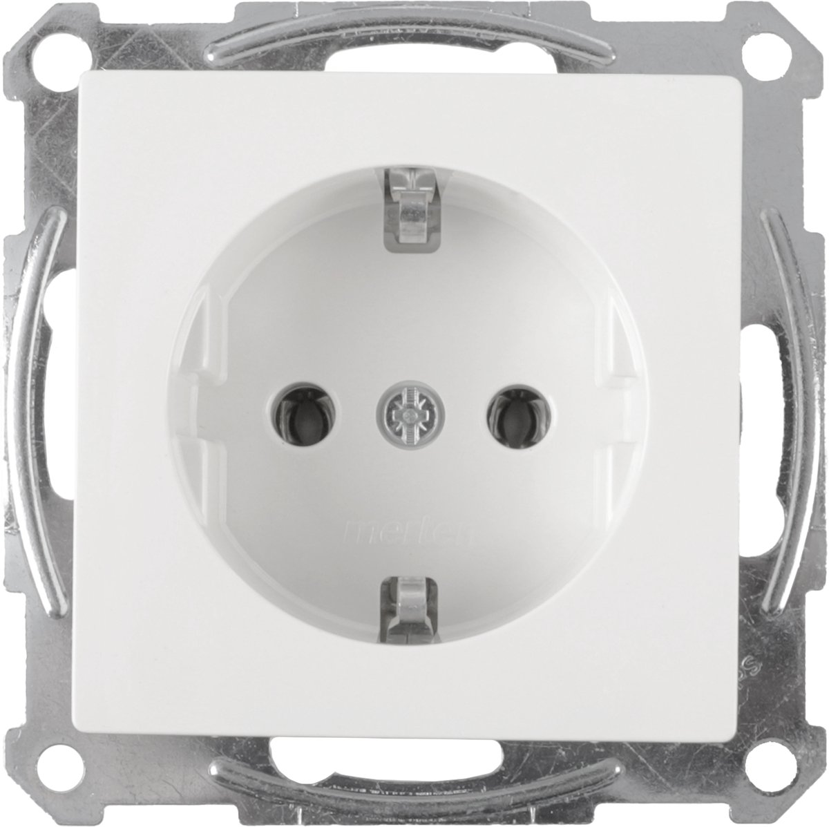 Merten System M Contactdoos - Inbouw - 1-voudig - Randaarde - Polarwit - Afmetingen 71 x 71 x 40 mm - Geschikt voor Geaarde Apparatuur - Bevestiging met Schroeven - 1 Stuk in Blister
