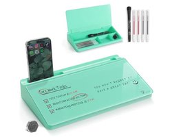 TOWON Klein glazen whiteboard met opbergruimte - 30,5 x 17,8 cm droog uitwisbord voor bureau, thuiskantoor, school | Inclusief 5 markeringen, gum en houder | Ruimtebesparende organizer, esthetisch