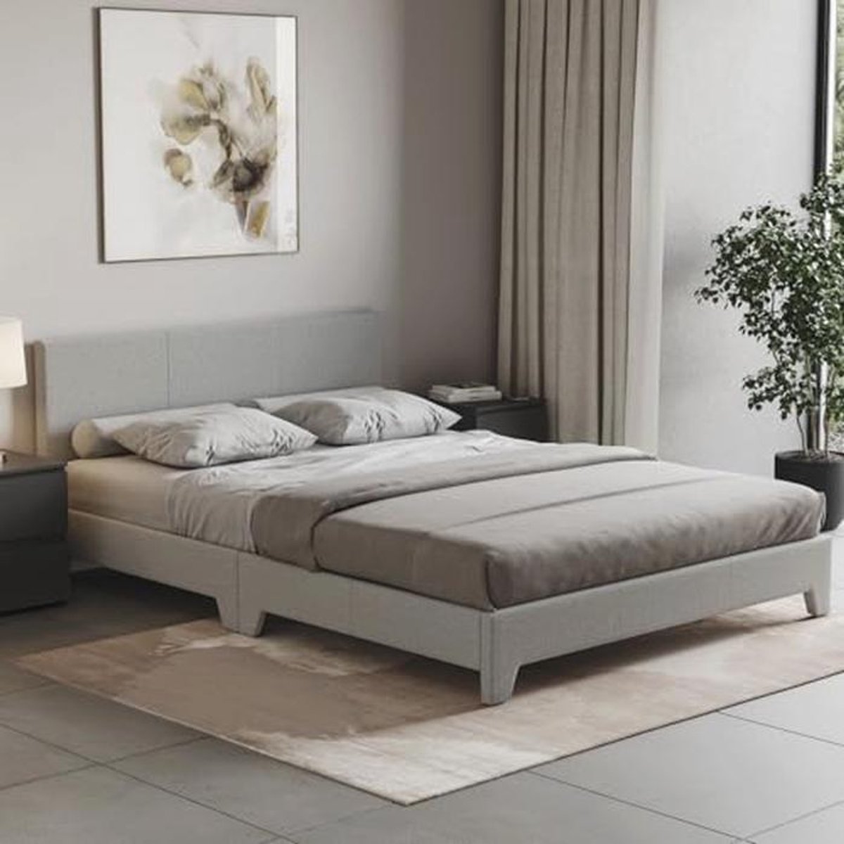 Modern Tweepersoonsbed met Gestoffeerd Hoofdeinde - Lichtgrijs Linnen