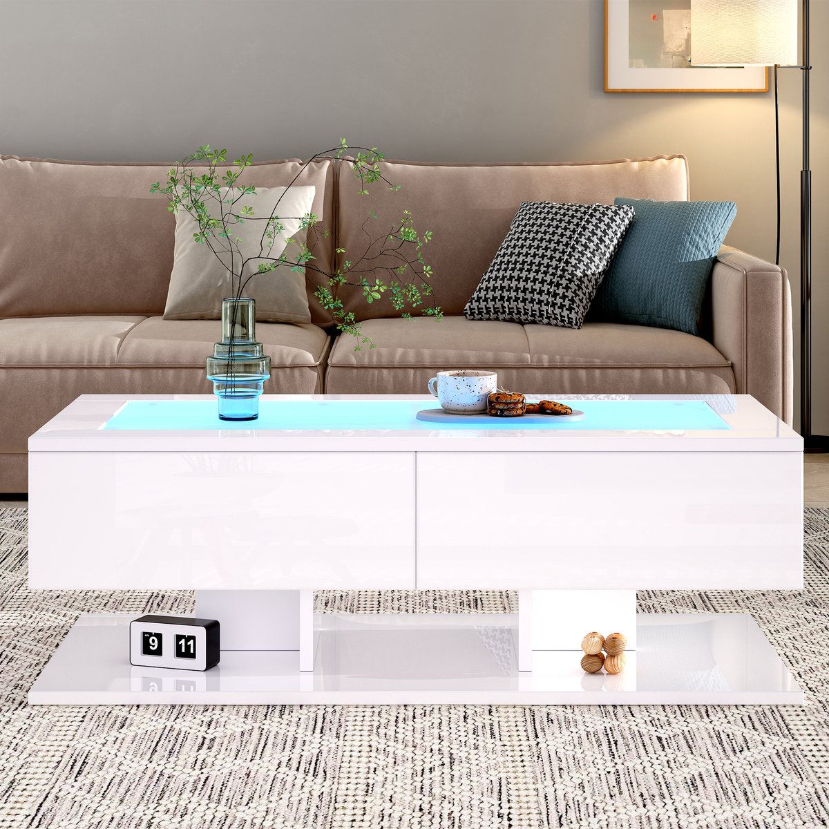 Wishdor Salontafel 100x50x35 cm Hoogglans Wit met 2 Laden, Glasplaat en LED-Accentverlichting, Max. 45 kg