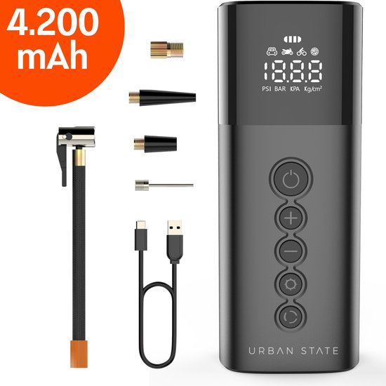 Draagbare luchtcompressor - elektrische fietspomp - bandenpomp voor auto, motor, fiets, bal, luchtbed - Krachtig: 6.000 mAh
